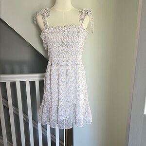 Blue Rain White Floral Smocked Sundress